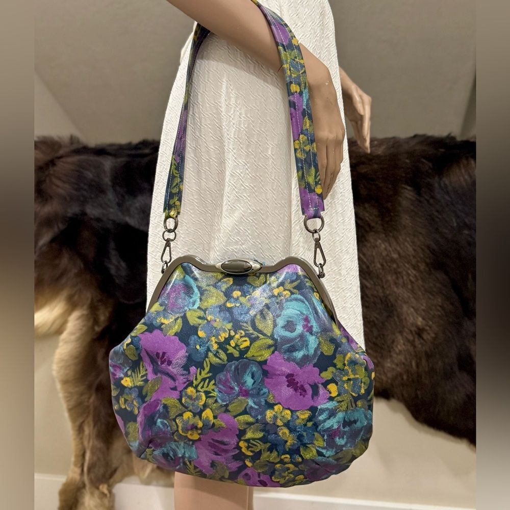 Original Design! Cowhide Leather Floral Print Handmade Metal Frame Slouchy Bag